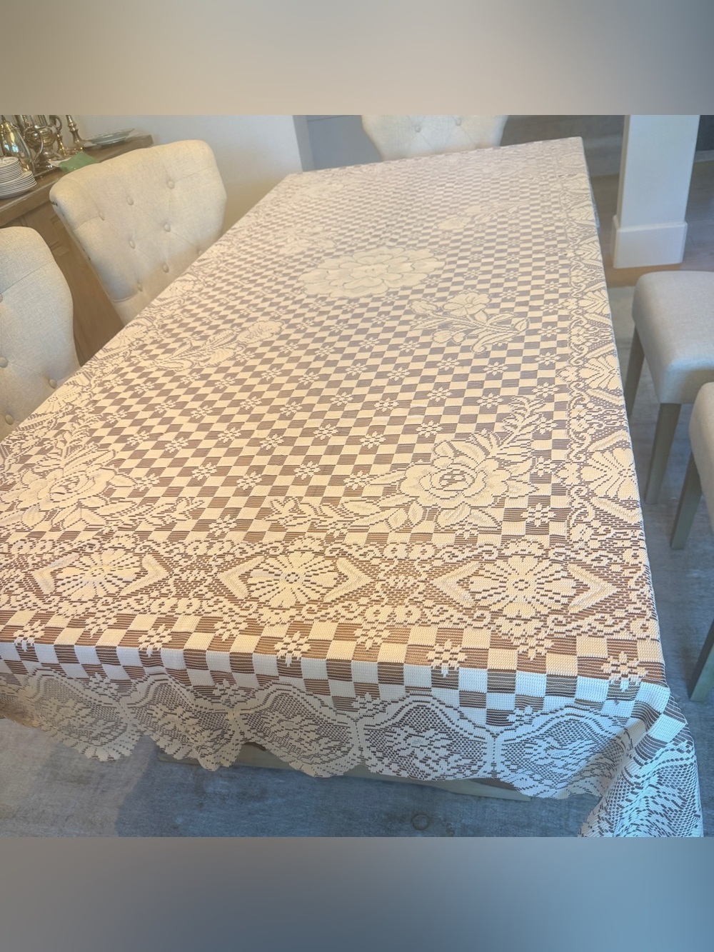 Large Floral Checkerboard Lace Tablecloth 114 x 71 Scalloped Ivory